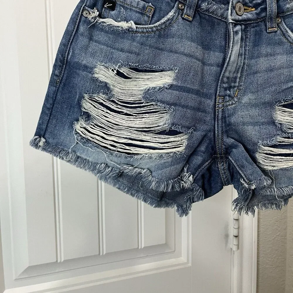 Kancan Estilo Denim Raw Hem Distressed Jean Shorts Size 7/27 KC8377M Medium Wash - Picture 3 of 10